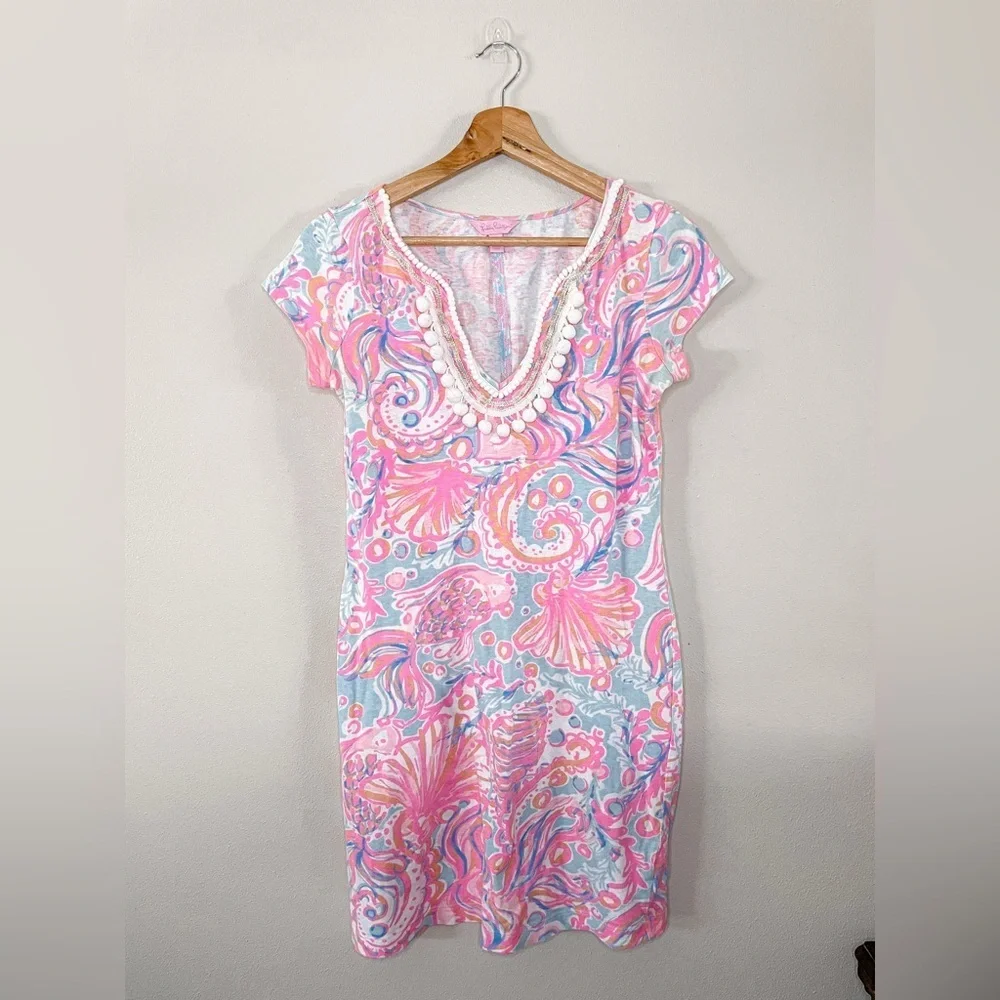 Lilly Pulitzer Harper Shift Dress Too Much Bubbly Pink Pout Cotton/Linen‎